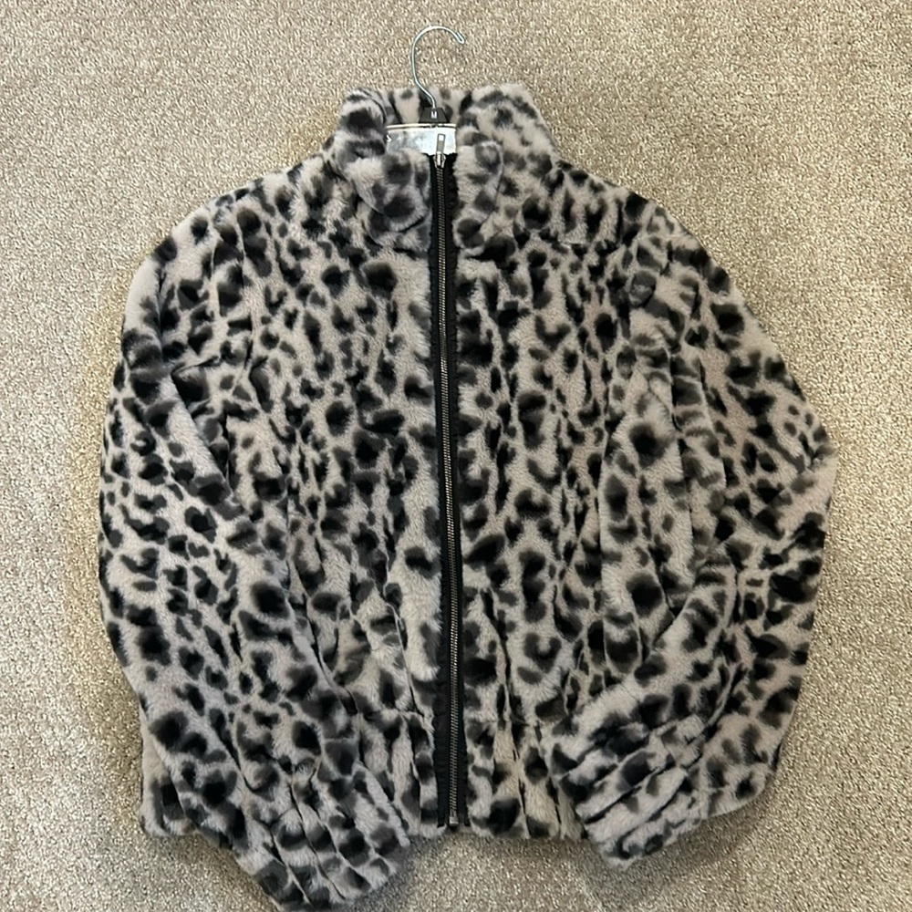 Peyton Jensen for Evereve plush faux fur animal print bomber jacket